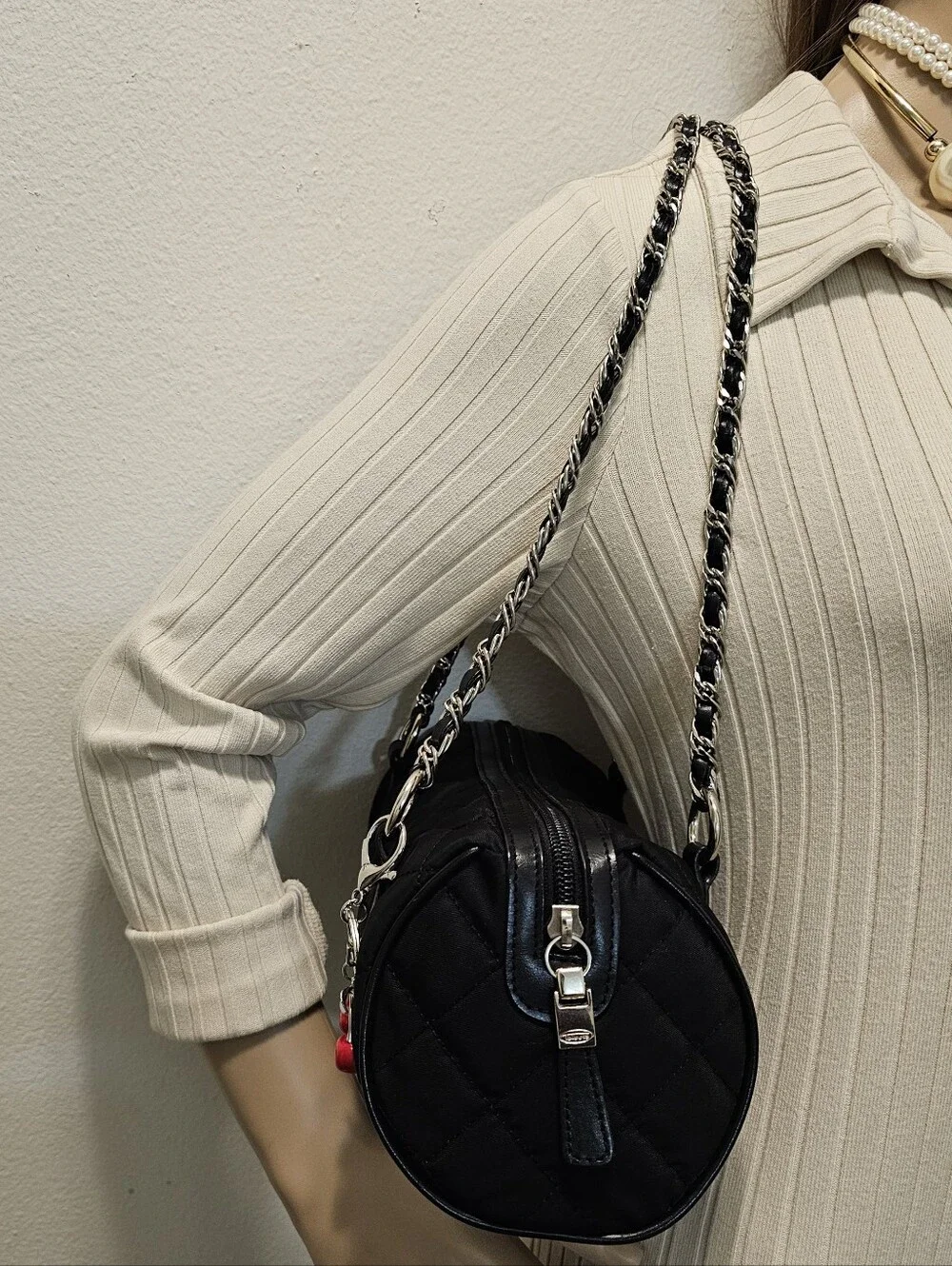 Talbots Black Quilted Barrel Bag Nylon Leather Trim Silver Hardware